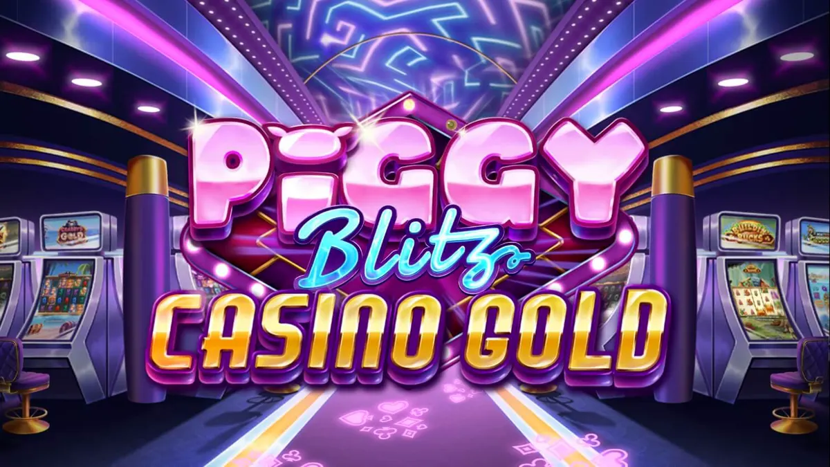 Tampilan visual mewah dari slot Piggy Blitz Casino Gold dengan elemen neon dan simbol kasino.