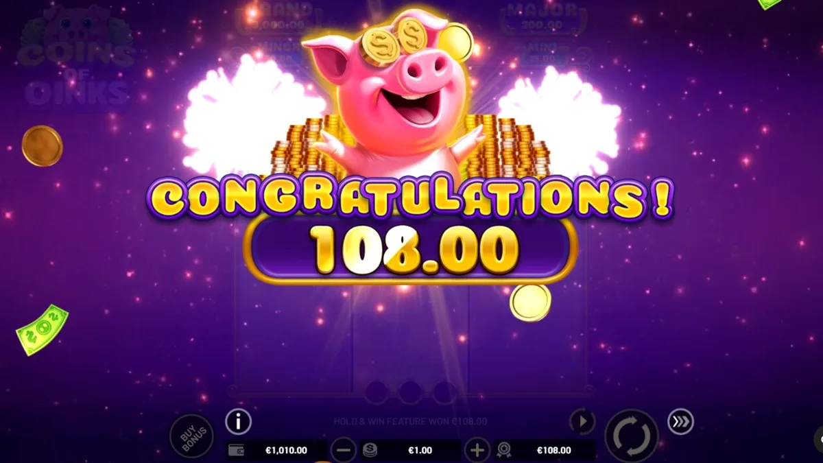 Tampilan visual slot Coins of Oinks dengan tema babi mewah dan emas