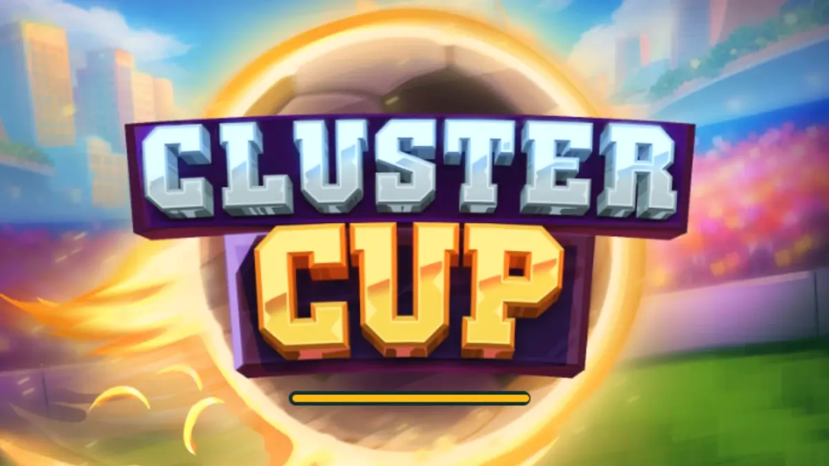 Tampilan visual grid 7x7 dalam slot Cluster Cup dengan tema stadion sepak bola yang meriah